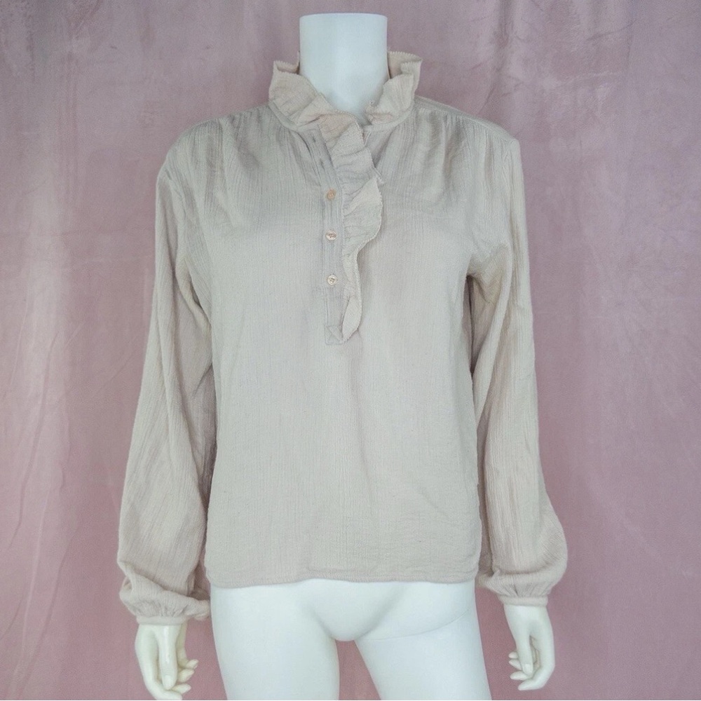 V.DE.VINSTER Womens 100% Cotton Ruffle Collar Beige Blouse Size Medium